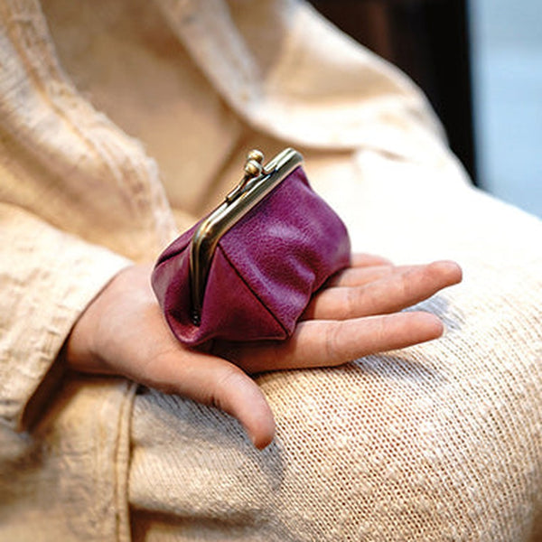 Vintage Women Purple Leather Coin Wallet Frame Clasp Coin Pouch Change Wallet For Women