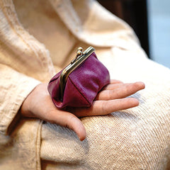 Vintage Women Purple Leather Coin Wallet Frame Clasp Coin Pouch Change Wallet For Women