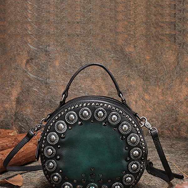 Handmade Womens Green Leather Round Handbag Purses Rivet Round Shoulder Bag Crossbody Handbag for Women