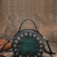 Handmade Womens Green Leather Round Handbag Purses Rivet Round Shoulder Bag Crossbody Handbag for Women