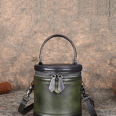 Womens Green Leather Barrel Handbag Purses Vintage Handmade Round Shoulder Bag Bucket Crossbody Handbag for Women