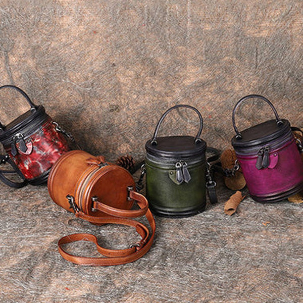 Womens Leather Barrel Handbag Purses Vintage Handmade Round Shoulder Bag Bucket Crossbody Handbag for Women