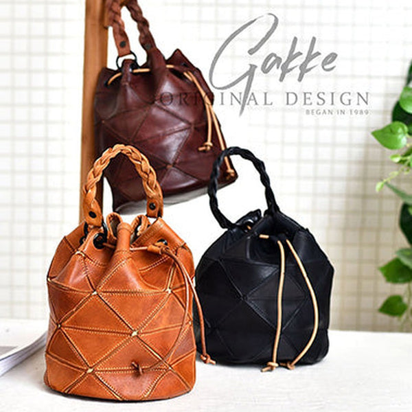 Womens Leather Bucket Shoulder Bag Purse Vintage Split Joint Barrel Round Handbag Crossbody Purse for Women