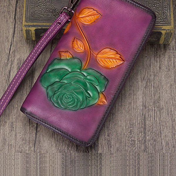 Vintage Rose Flower Purple Leather Wristlet Wallet Womens Rose Zip Around Wallets Flower Ladies Zipper Clutch Wallet for Women