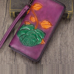 Vintage Rose Flower Purple Leather Wristlet Wallet Womens Rose Zip Around Wallets Flower Ladies Zipper Clutch Wallet for Women