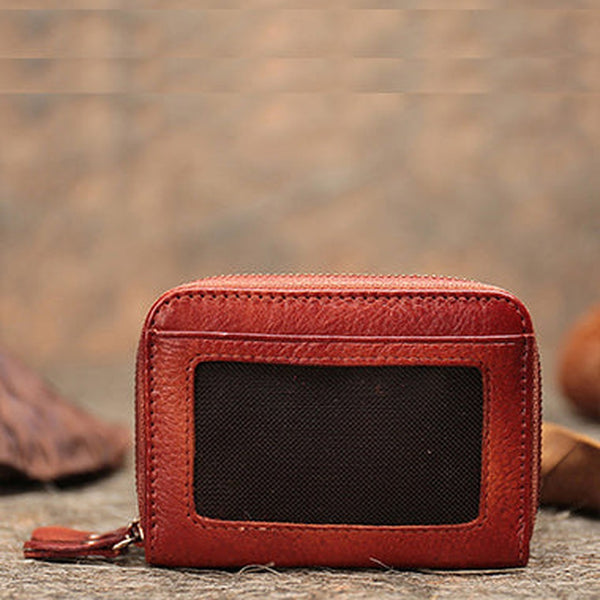 Vintage Women Red Leather Card Holders Small Double Zip Card Wallet Small Wallet For Women