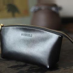Handmade Women Leather Clutch Wallet Black Toiletry Bag Makeup Bag For Women