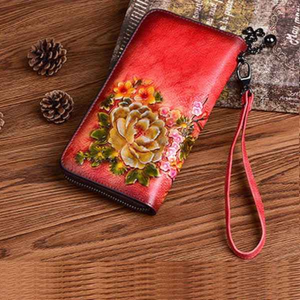 Vintage Flowers Red Leather Wristlet Wallet Womens Zip Around Wallets Flowers Ladies Zipper Clutch Wallet for Women