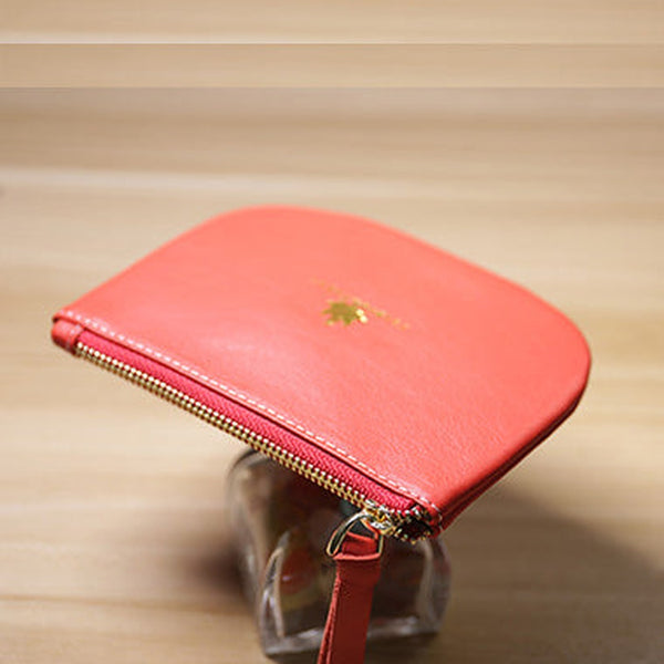 Slim Women Red Leather Zip Card Wallet Saddle Minimalist Coin Wallet Small Zip Change Wallet For Women