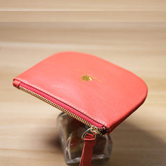 Slim Women Red Leather Zip Card Wallet Saddle Minimalist Coin Wallet Small Zip Change Wallet For Women