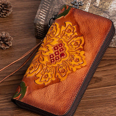 Vintage SunFlower Brown Leather Wristlet Wallet Womens Flower Zip Around Wallets Flowers Ladies Zipper Clutch Wallet for Women
