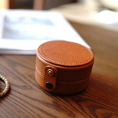 Cute Women Brown Leather Round Coin Wallet Box Small Portable Jewelry Storage Box For Women