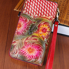 Vintage Handmade Flowers Floral Red Leather Wristlet Wallet Womens Zip Around Wallets Flowers Ladies Zipper Clutch Wallet for Women
