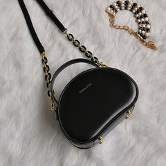 Womens Black Leather Half Round Crossbody Purse Round Shoulder Bags for Women