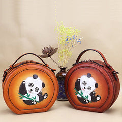 Cutest Womens Leather Round Handbag Panda Crossbody Purse Vintage Round Shoulder Bags for Women