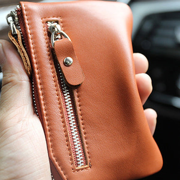 Slim Womens Brown Leather Zip Wallet With Keychain Card Wallet Zip Coin Wallet for Ladies
