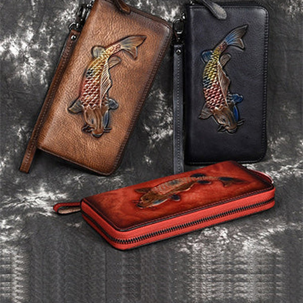Womens Carp Leather Zip Around Wallet Wristlet Wallet Carp Ladies Zipper Clutch Wallet for Women