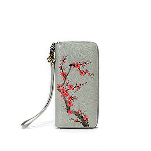 Handmade Embroidery Gray Leather Wristlet Wallet Womens Zip Around Wallets Flowers Plum Blossom Ladies Zipper Clutch Wallet for Women