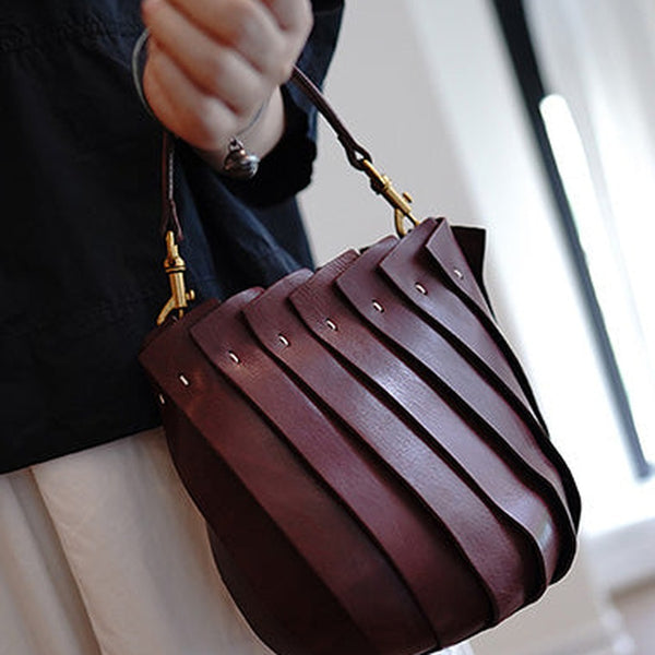 Vintage Coffee Leather Splicing Bucket Handbag Women Handmade Small Shoulder Bag for Women