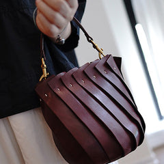 Vintage Coffee Leather Splicing Bucket Handbag Women Handmade Small Shoulder Bag for Women