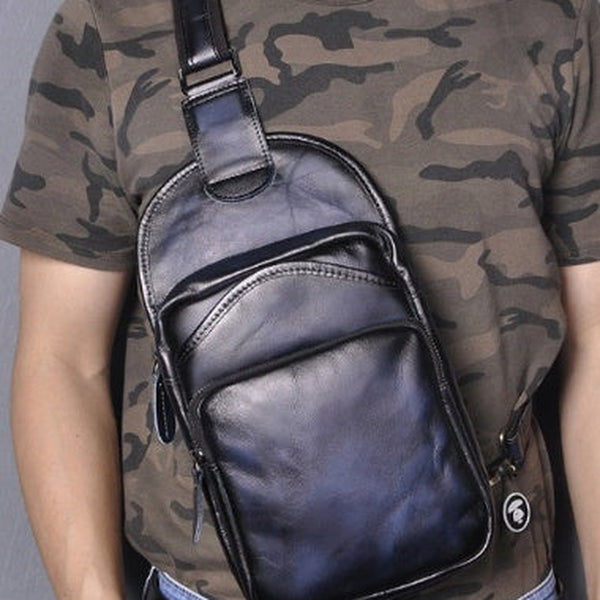 Blue Leather Chest Bag For Men Cool Leather Sling Bag Mens Sling Crossbody Backpack