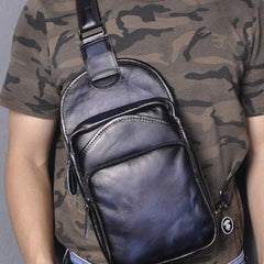 Blue Leather Chest Bag For Men Cool Leather Sling Bag Mens Sling Crossbody Backpack