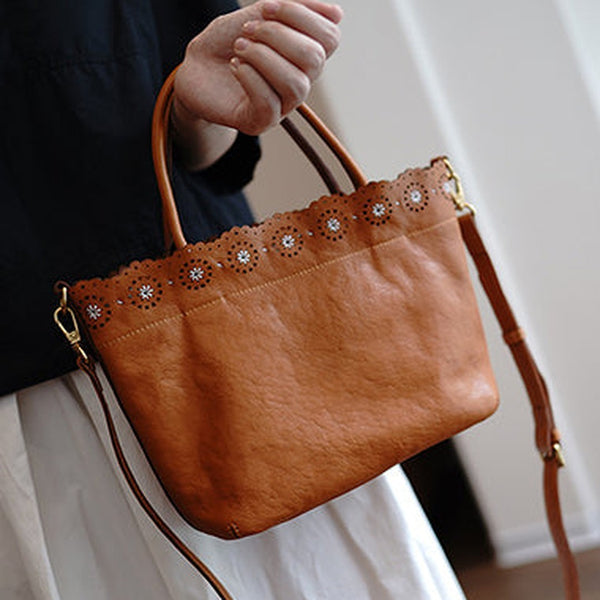 Classic Brown Leather Hollowed Out Flowers Handbag Women Flowers Shoulder Bag for Women