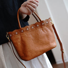 Classic Brown Leather Hollowed Out Flowers Handbag Women Flowers Shoulder Bag for Women