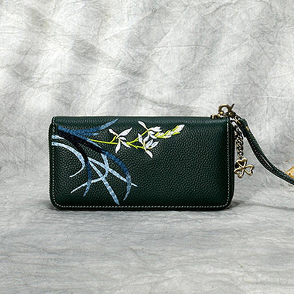 Handmade Embroidery Green Leather Orchids Wristlet Wallet Womens Zip Around Wallets Flowers Orchids Ladies Zipper Clutch Wallet for Women