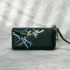 Handmade Embroidery Green Leather Orchids Wristlet Wallet Womens Zip Around Wallets Flowers Orchids Ladies Zipper Clutch Wallet for Women