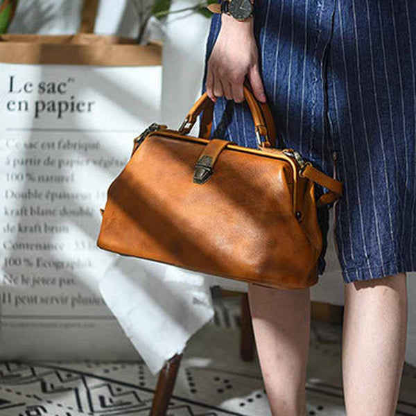 Handmade Womens Brown Leather Doctor Large Handbag Purses Vintage Brown Doctor Side Purse for Women