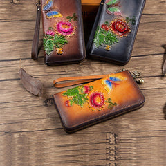 Womens Butterfly&Mums Flower Leather Wristlet Wallets Zip Around Wallet Flower Ladies Zipper Clutch Wallet for Women