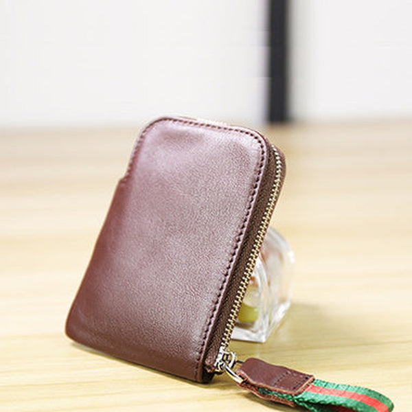 Women Leather Mini Zip Wallet Coffee Billfold Slim Coin Wallet Small Zip Change Wallet For Women