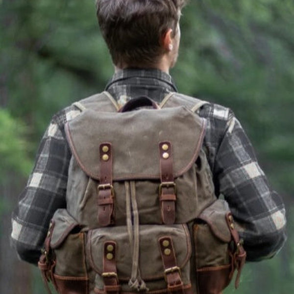 Hiking Backpack for Men Waxed Canvas Backpack With Laptop Compartment Canvas And Leather Backpack