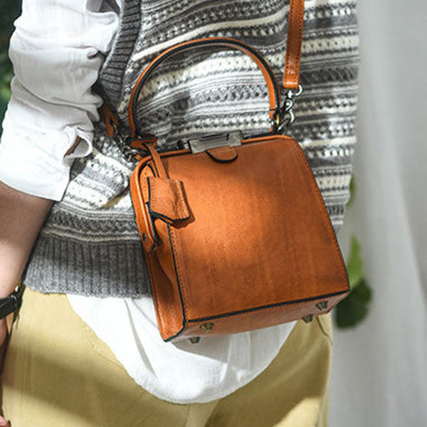 Womens Brown Leather Doctor Handbag Purses Square Doctor Crossbody Purse for Women