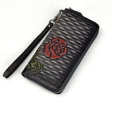 Womens Rose Flower Black Leather Zip Around Wallet Wristlet Wallet Flower Ladies Zipper Clutch Wallet for Women
