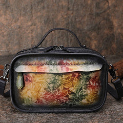 Handmade Womens Floral Leather Mini Satchel Shoulder Bag Best Handbag Cube Crossbody Purses for Ladies