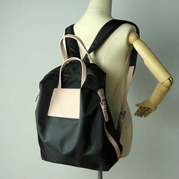 Womens Black&Pink Nylon Backpack Purse Best Satchel Backpack Nylon Leather School Rucksack for Ladies