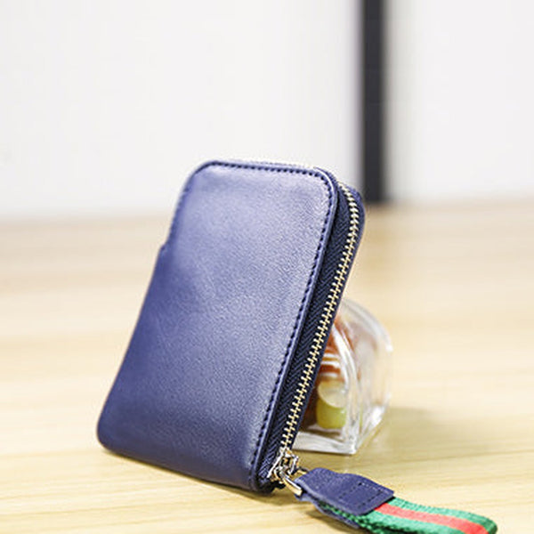 Women Leather Mini Zip Wallet Navy Billfold Slim Coin Wallet Small Zip Change Wallet For Women