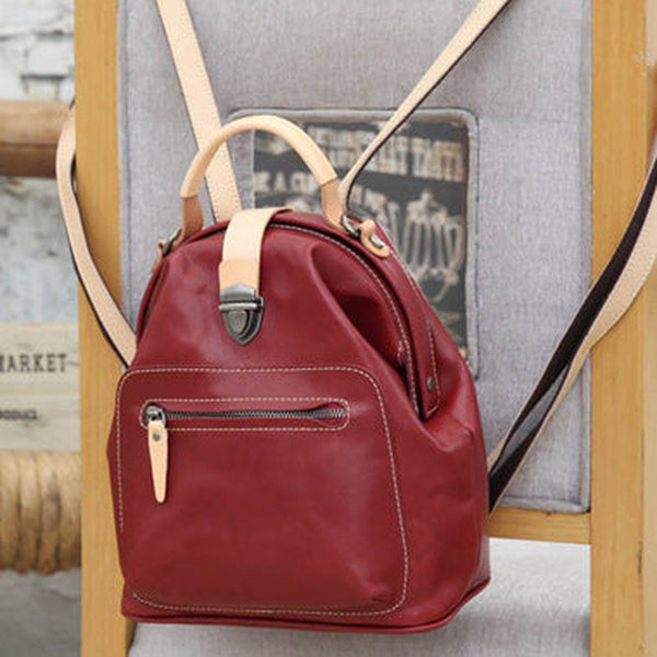 Fashion Handmade Womens Red Leather Backpack Satchel Bag Red School Backpack for Women