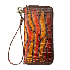 Crocodile Pattern Yellow&Red Leather Wristlet Wallet Womens Zip Around Wallets CONTRAST COLOR Ladies Zipper Clutch Wallets for Women