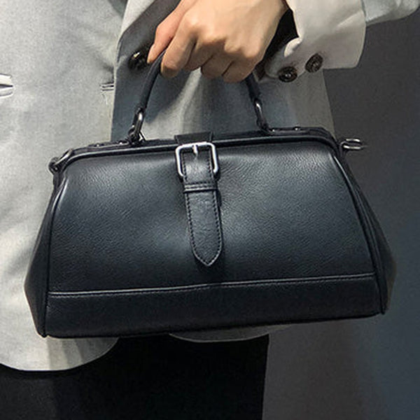 Vintage Womens Black Leather Doctor Handbag Purse Handmade Doctor Shoulder Bag for Women