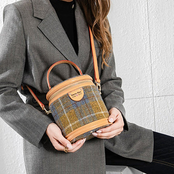 Cute Womens Blue Leather Tweed Bucket Handbag Barrel Crossbody Purse Handmade Round Shoulder Bag for Women
