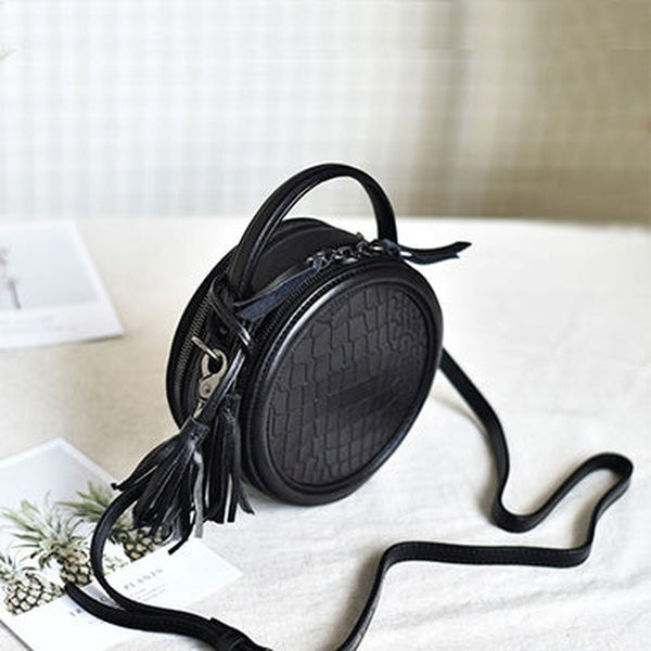 Womens Black Leather Round Crossbody Bag Crocodile Pattern Vintage Round Handbag Shoulder Bag for Women