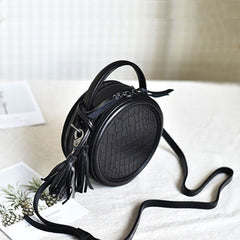 Womens Black Leather Round Crossbody Bag Crocodile Pattern Vintage Round Handbag Shoulder Bag for Women