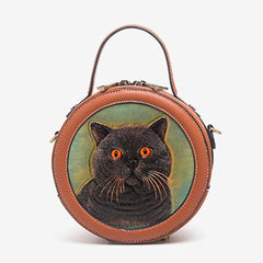 Handmade Womens Black Cat Leather Round Handbag Purse Round Crossbody Bag for Women