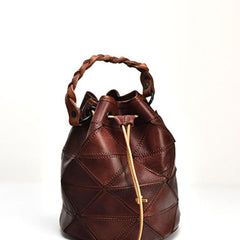 Womens Coffee Leather Bucket Shoulder Bag Purse Vintage Split Joint Barrel Round Handbag Crossbody Purse for Women