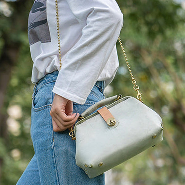 Handmade Womens Vintage Small Green Leather Doctor Handbag Side Purse Doctor Purse for Women