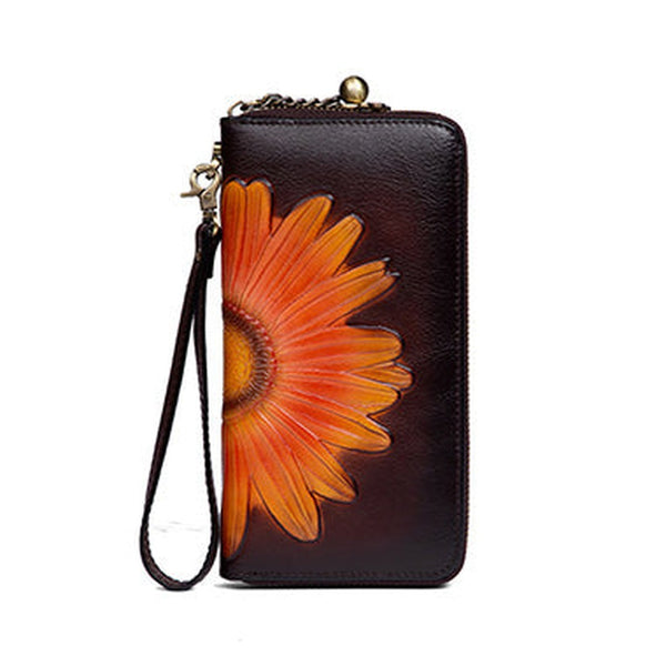 Womens Coffee Leather Zip Around Wallets Sunflower Wristlet Wallets Flower Ladies Zipper Clutch Wallet for Women