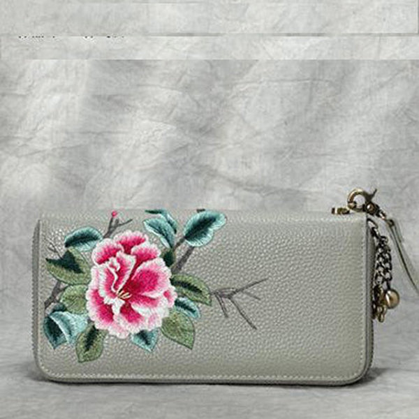 Handmade Embroidery Gray Leather Peony Wristlet Wallet Womens Zip Around Wallets Flowers Peony Ladies Zipper Clutch Wallet for Women